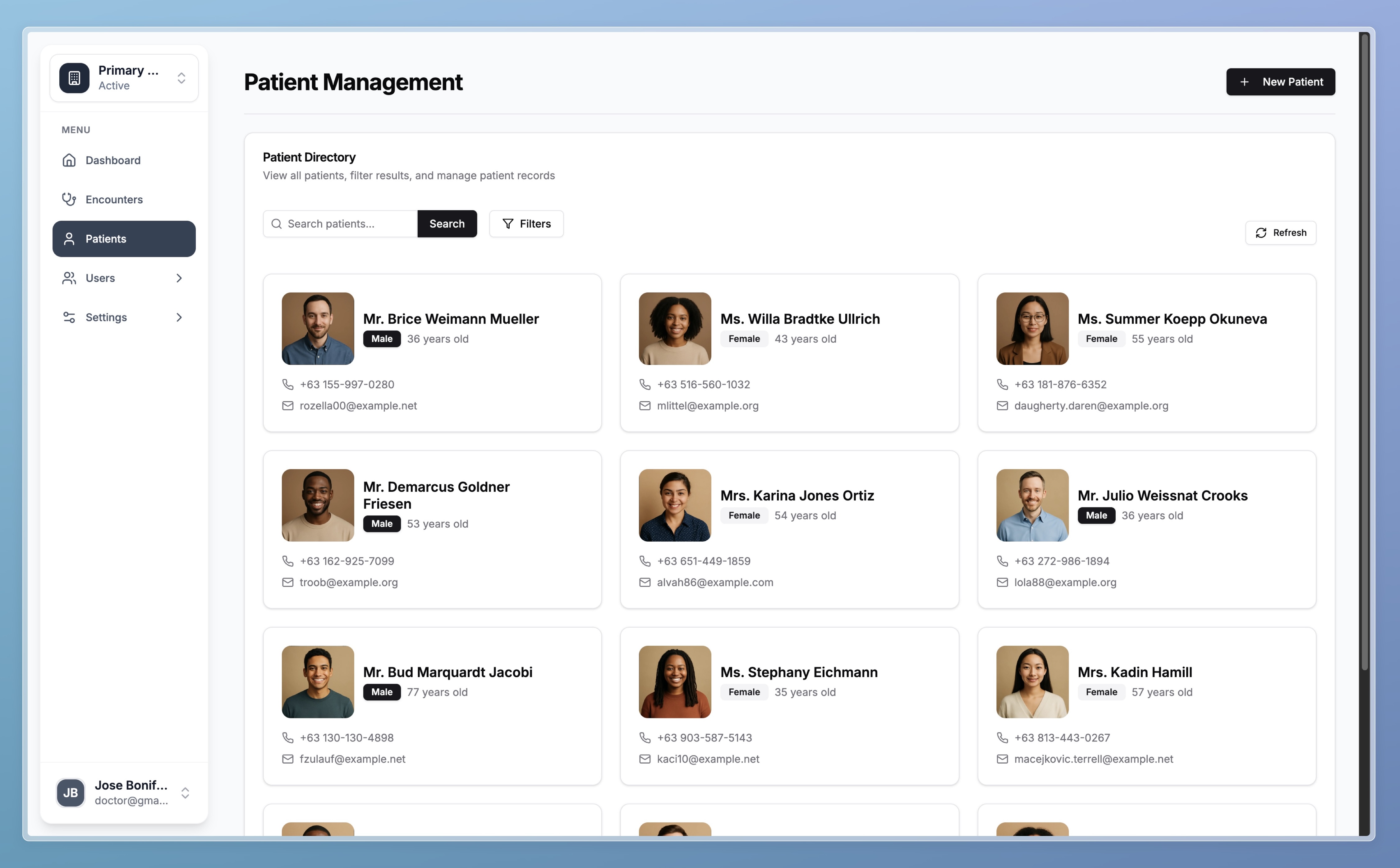 Patient Management Screen of Clinicore